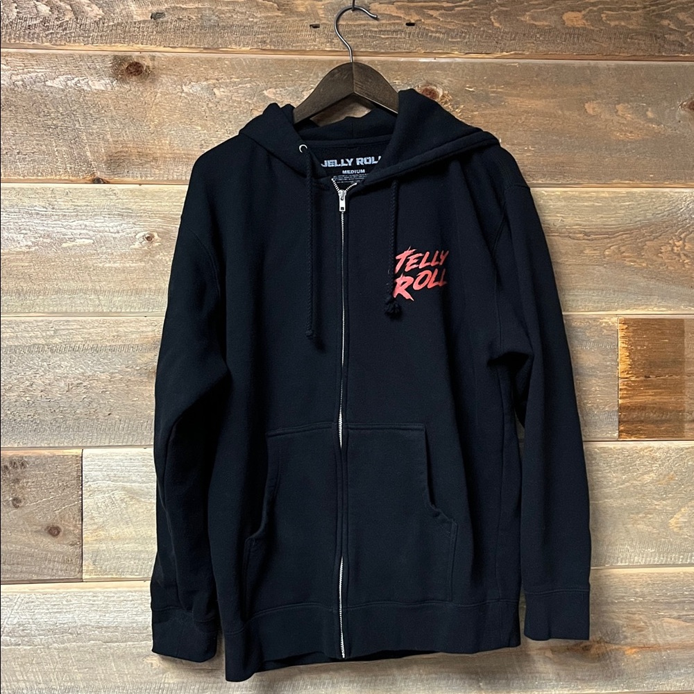 Jelly Roll ‘Even Angels Cry’ Black Zip Up Official Merch Hoodie Medium